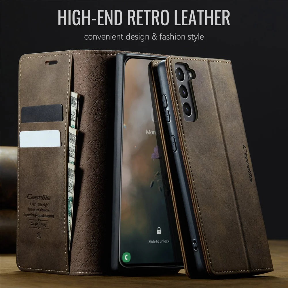 CASEME For Samsung Galaxy S21 FE 5G Case  033 Series RFID Blocking Wallet Stand Calf Texture Leather Phone Cover - Coffee - 4
