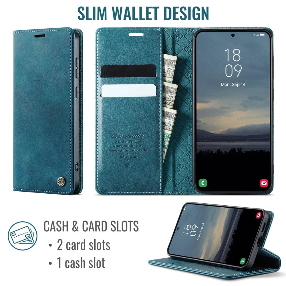 CASEME For Samsung Galaxy S23 FE Case  033 Series RFID Blocking Wallet Stand Calf Texture Leather Phone Cover - Green - 2
