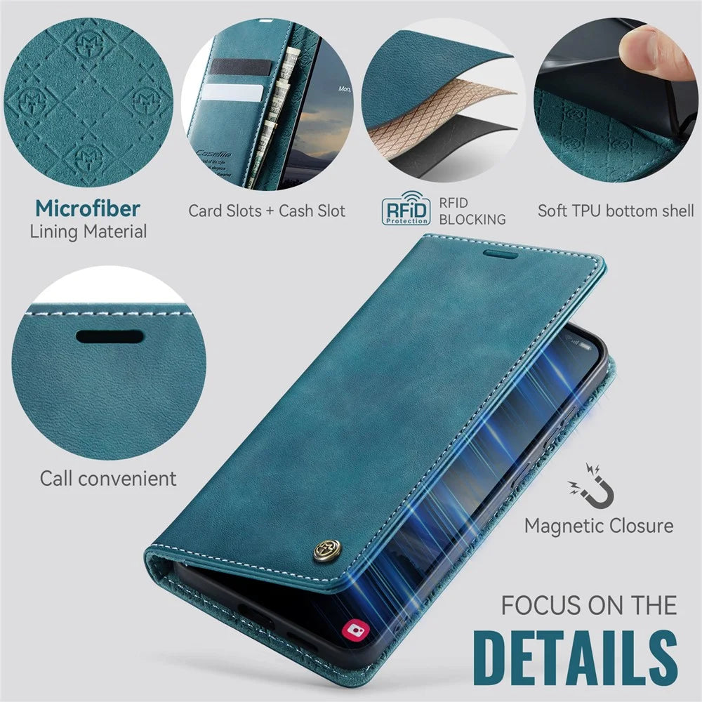 CASEME For Samsung Galaxy S23 FE Case  033 Series RFID Blocking Wallet Stand Calf Texture Leather Phone Cover - Green - 3