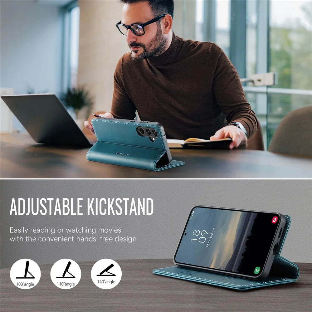 CASEME For Samsung Galaxy S23 FE Case  033 Series RFID Blocking Wallet Stand Calf Texture Leather Phone Cover - Green - 5