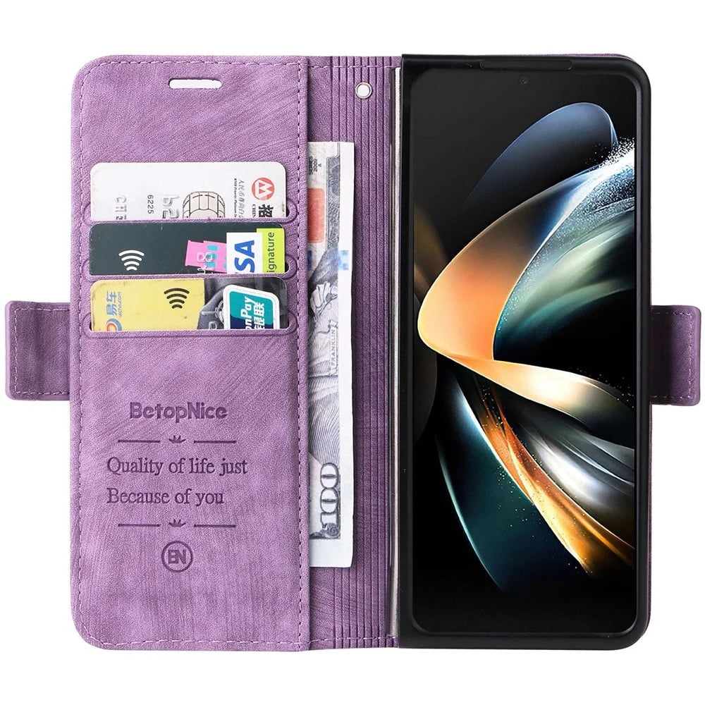 BETOPNICE 001 For Samsung Galaxy Z Fold4 5G Imprinted Stitching Line PU Leather Dual Magnetic Clasp Case Wallet Stand Phone Cover - Purple - 3
