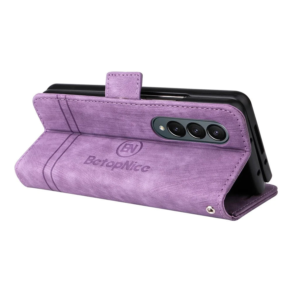 BETOPNICE 001 For Samsung Galaxy Z Fold4 5G Imprinted Stitching Line PU Leather Dual Magnetic Clasp Case Wallet Stand Phone Cover - Purple - 7