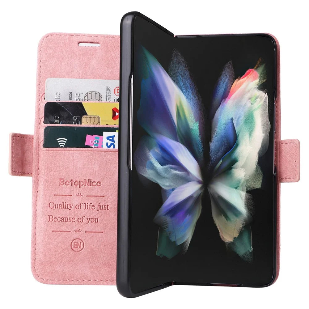 BETOPNICE 001 For Samsung Galaxy Z Fold3 5G Imprinted Stitching Line PU Leather Stand Wallet Cover Shockproof Phone Case - Pink - 4