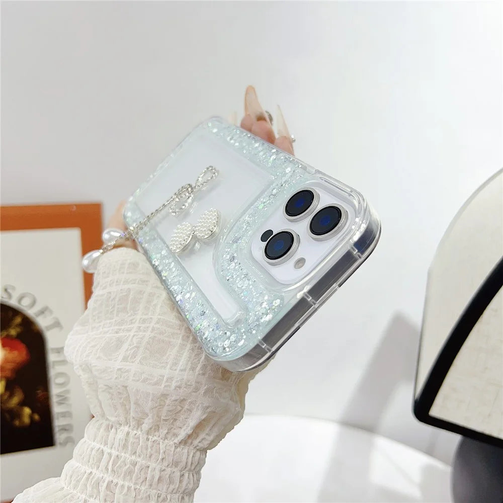 For iPhone 16 Pro Max Case with Bow Decor Glitter Rhinestone Epoxy Design TPU Phone Cover - Green - 5