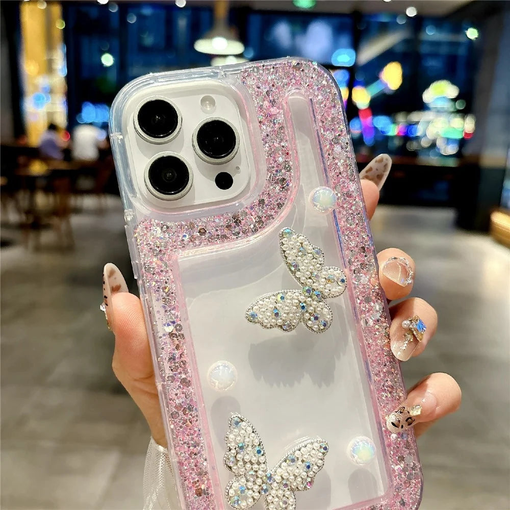 For iPhone 16 Pro Case with Case with Pearl Butterfly Decor Glitter Rhinestone Epoxy Design TPU Phone Cover - Pink - 2