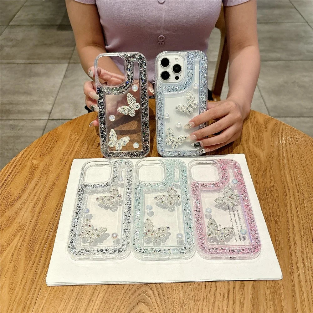 For iPhone 16 Pro Case with Case with Pearl Butterfly Decor Glitter Rhinestone Epoxy Design TPU Phone Cover - Pink - 6