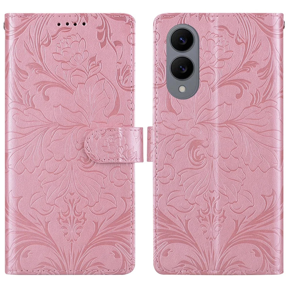 For Samsung Galaxy S25 Edge Leather Case Imprinted Floral Pattern Wallet Stand Flip Phone Cover - Pink - 1