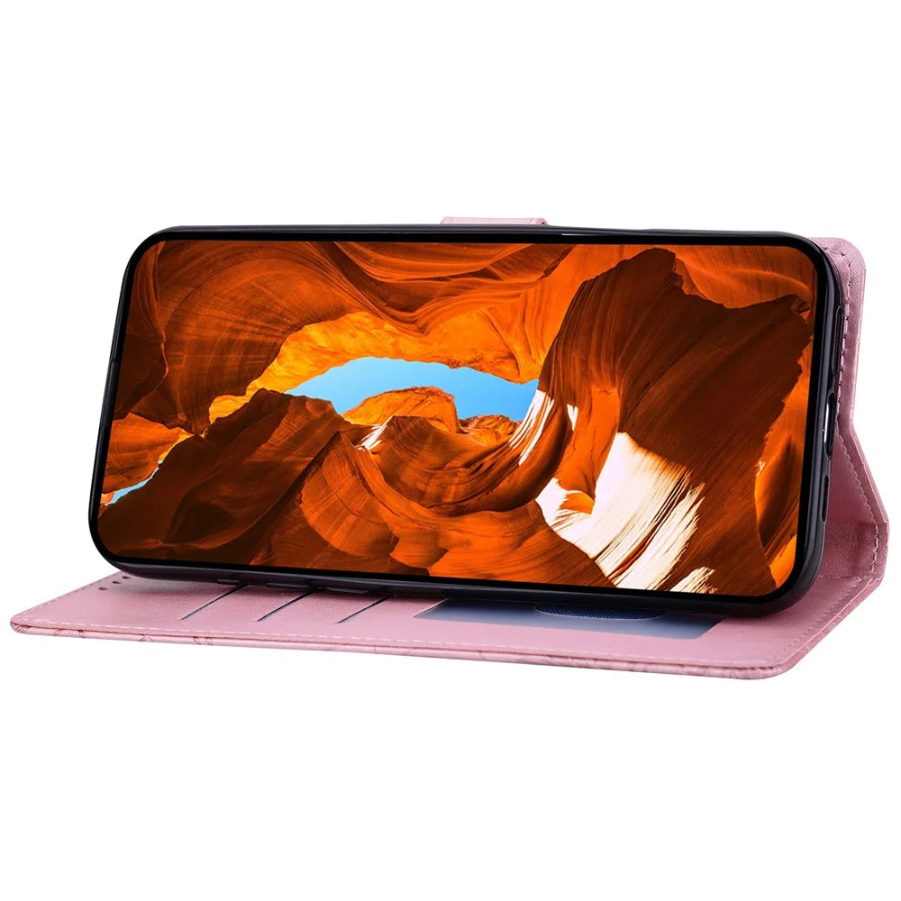 For Samsung Galaxy S25 Edge Leather Case Imprinted Floral Pattern Wallet Stand Flip Phone Cover - Pink - 3