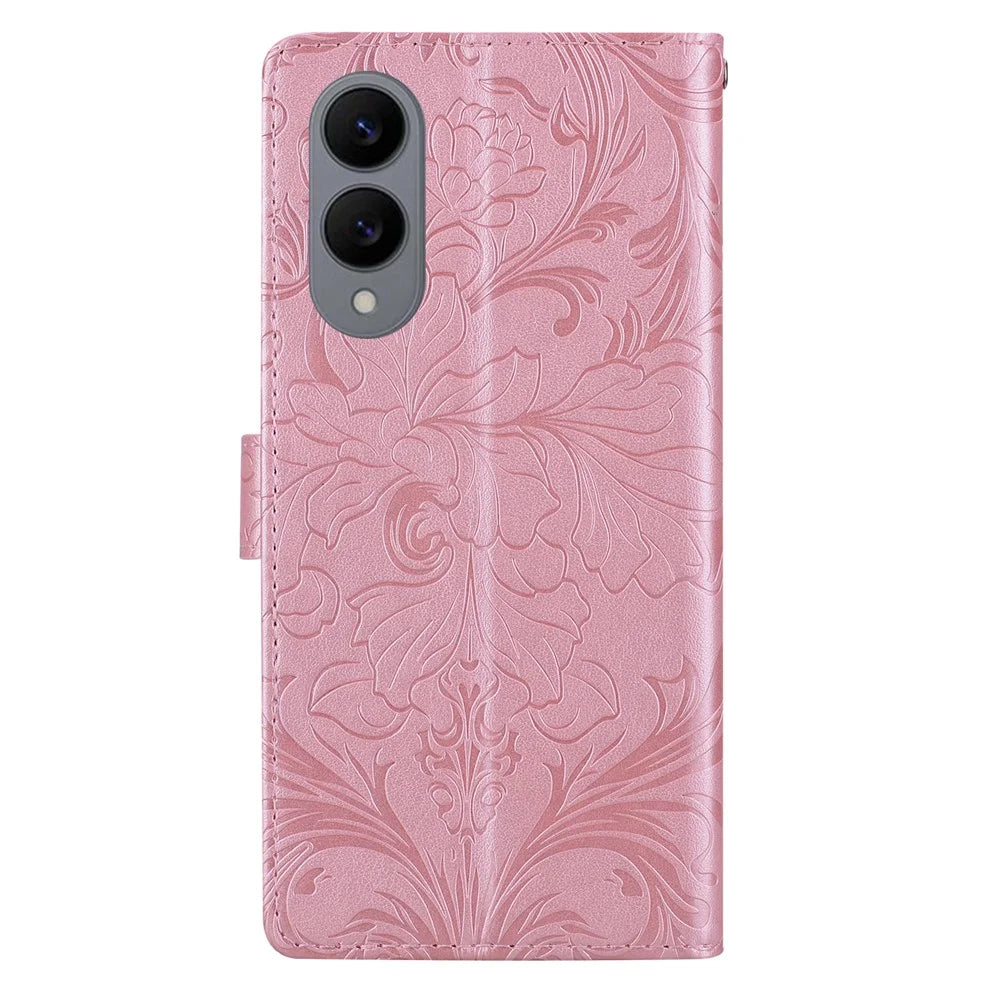 For Samsung Galaxy S25 Edge Leather Case Imprinted Floral Pattern Wallet Stand Flip Phone Cover - Pink - 5