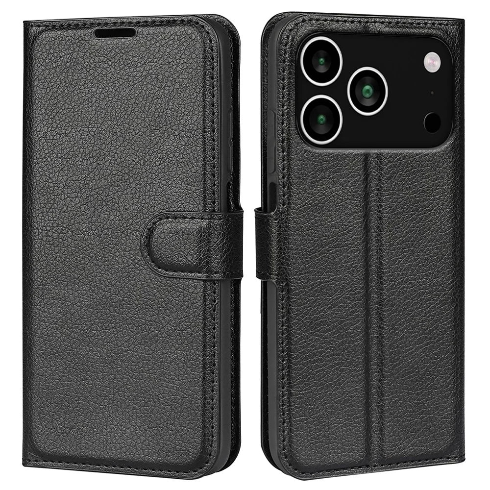 For iPhone 18 Pro Max / 17 Pro Max Case Litchi Texture Shockproof Leather Wallet Phone Cover - Black - 1
