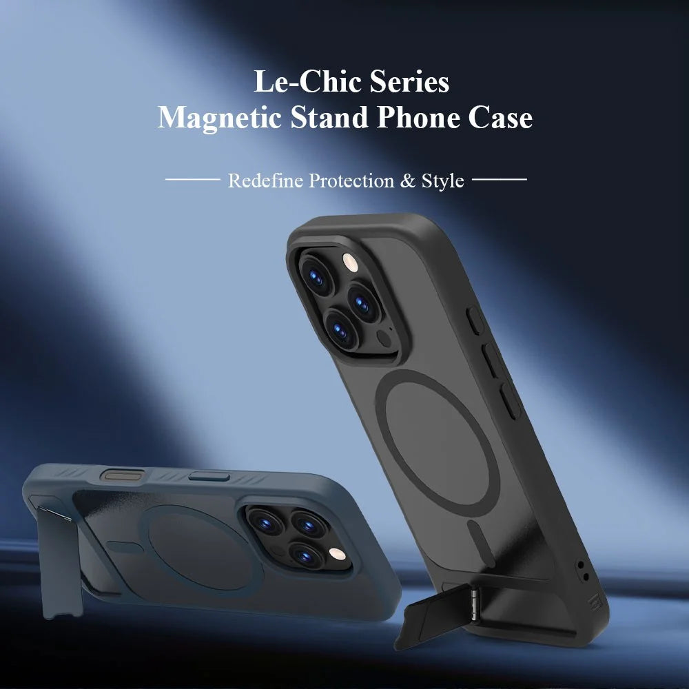 LEREACH Le-Chic Series For iPhone 16 Pro Case Compatible with MagSafe Kickstand TPU + PC Phone Cover - Black - 6