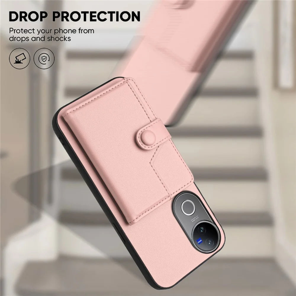 For vivo V50e 5G / vivo V50 5G Case RFID Blocking Card Holder Kickstand TPU + PU Leather Phone Back Cover - Rose Gold - 5