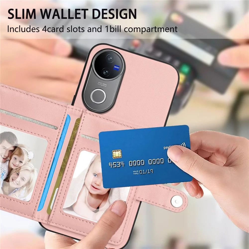 For vivo V50e 5G / vivo V50 5G Case RFID Blocking Card Holder Kickstand TPU + PU Leather Phone Back Cover - Rose Gold - 6