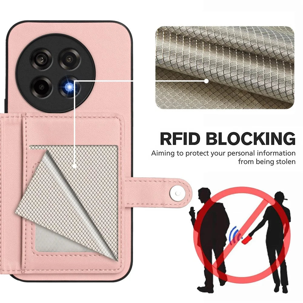 For OnePlus Ace 5 Pro 5G / OnePlus 13R 5G / OnePlus Ace 5 5G Case RFID Blocking Card Holder Kickstand TPU + PU Leather Phone Back Cover - Rose Gold - 4