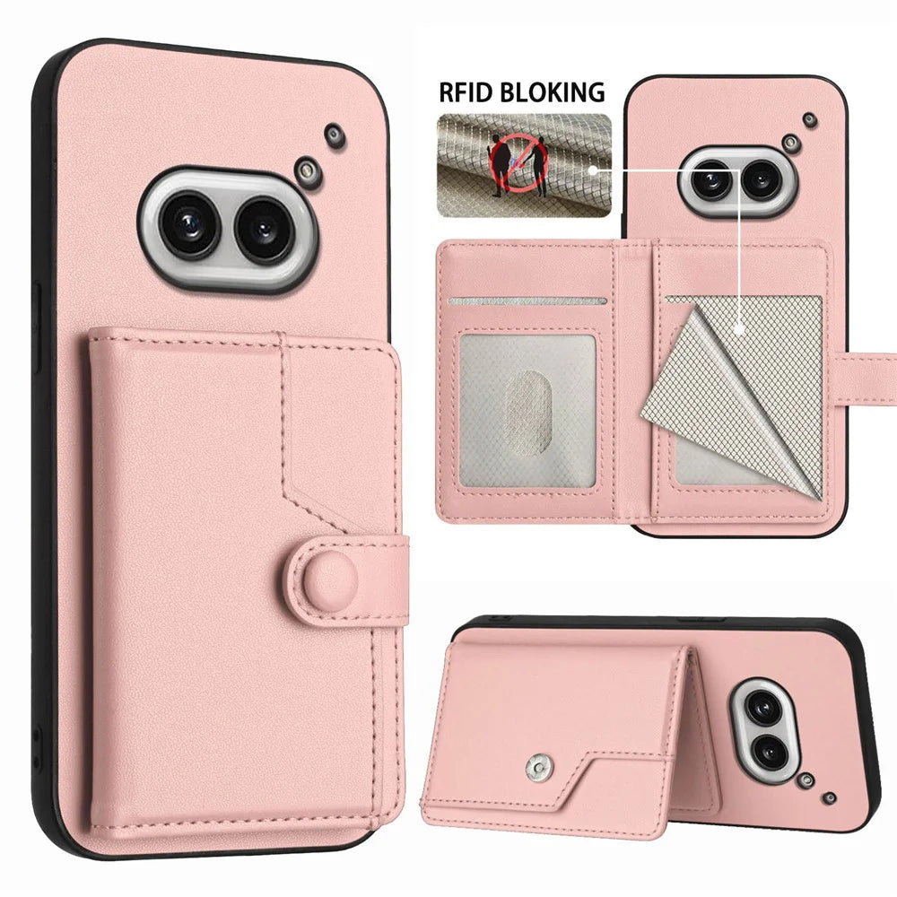 For Nothing Phone (2a) Case RFID Blocking Card Holder Kickstand TPU + PU Leather Phone Back Cover - Rose Gold - 3