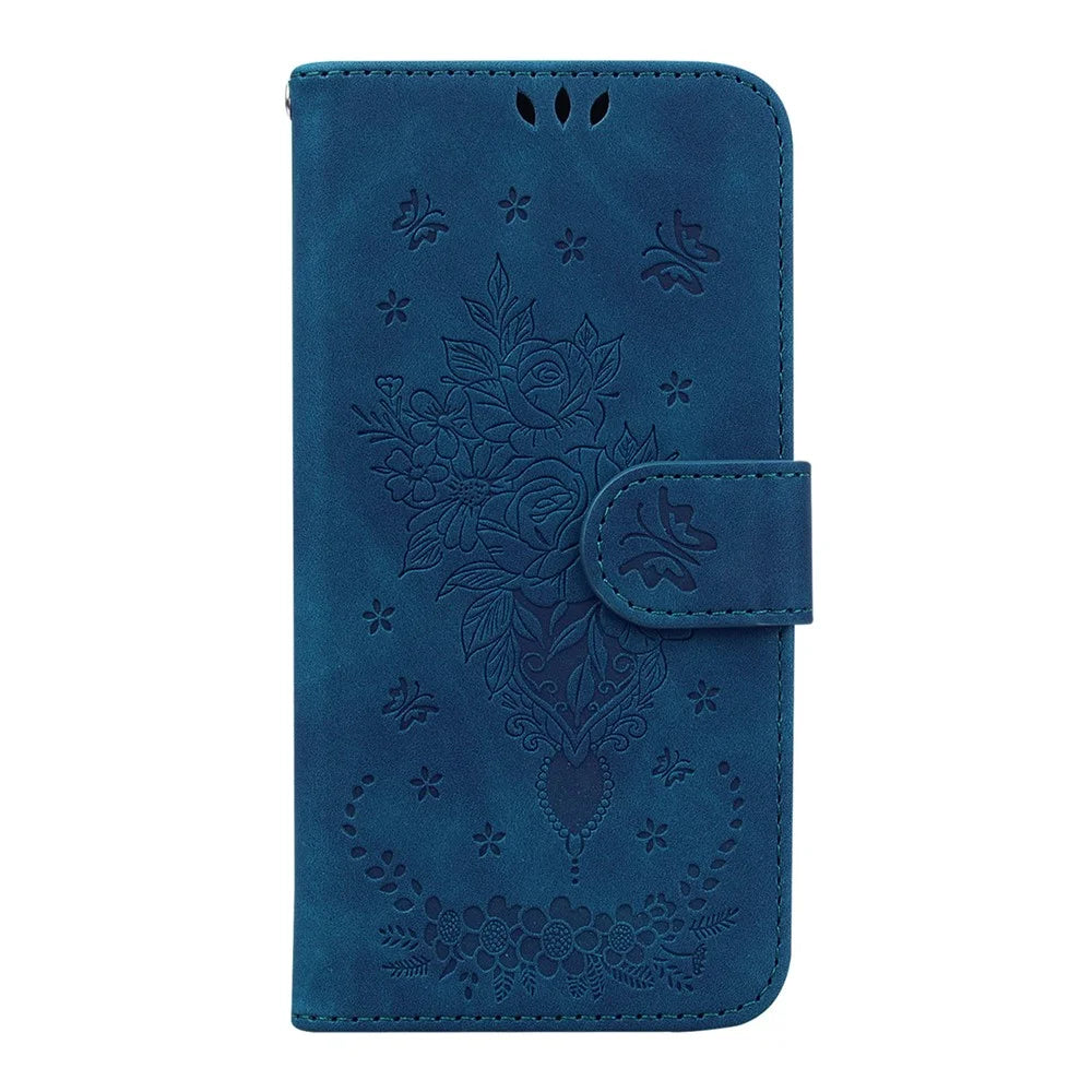 For Samsung Galaxy A14 5G / A14 4G PU Leather Wallet Phone Case Rose Butterfly Imprinted Magnetic Closure Stand Folio Cover with Strap - Blue - 2