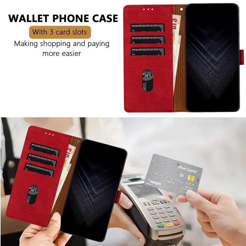 For Samsung Galaxy Xcover7 Leather Case Triangle Patchwork Wallet Stand Shockproof Phone Cover - Red - 4