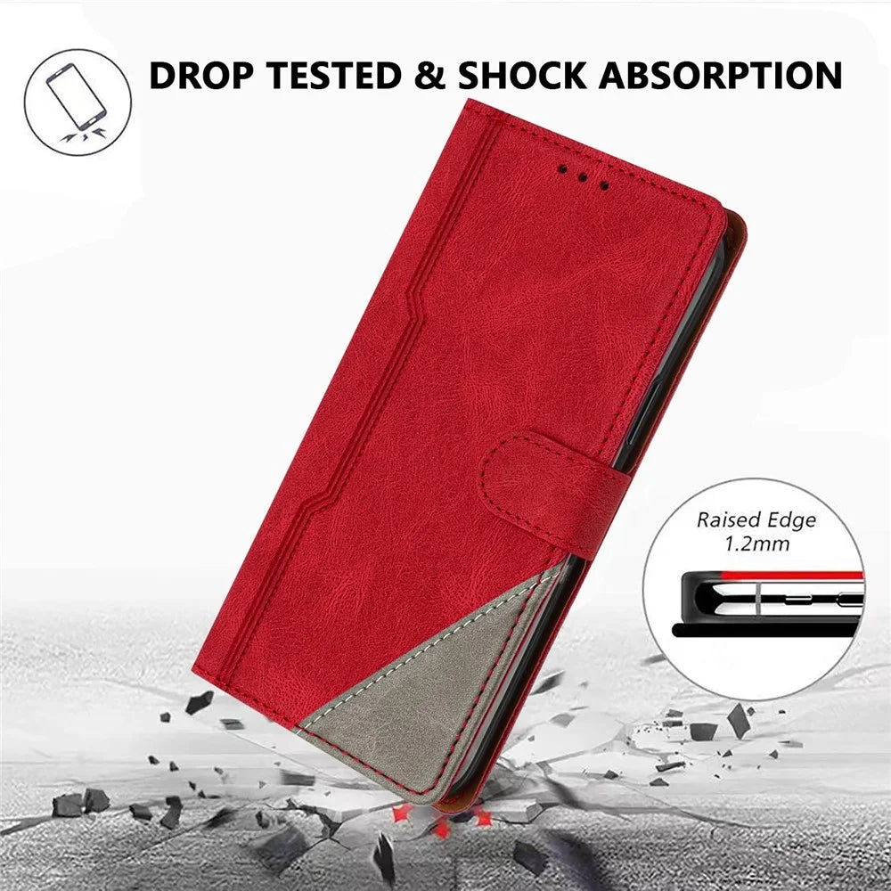 For Samsung Galaxy A15 4G Leather Case Triangle Patchwork Wallet Stand Shockproof Phone Cover - Red - 2