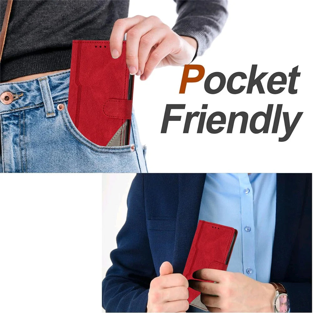 For Samsung Galaxy A15 4G Leather Case Triangle Patchwork Wallet Stand Shockproof Phone Cover - Red - 6