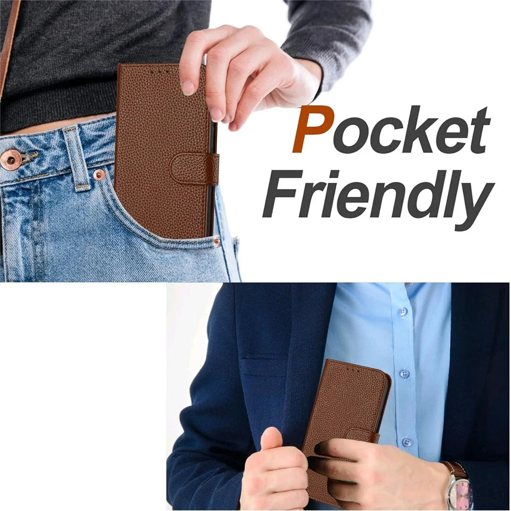 For Samsung Galaxy S24+ Leather Case Litchi Texture Wallet Stand Anti Drop Phone Cover with Wrist Strap - Brown - 2