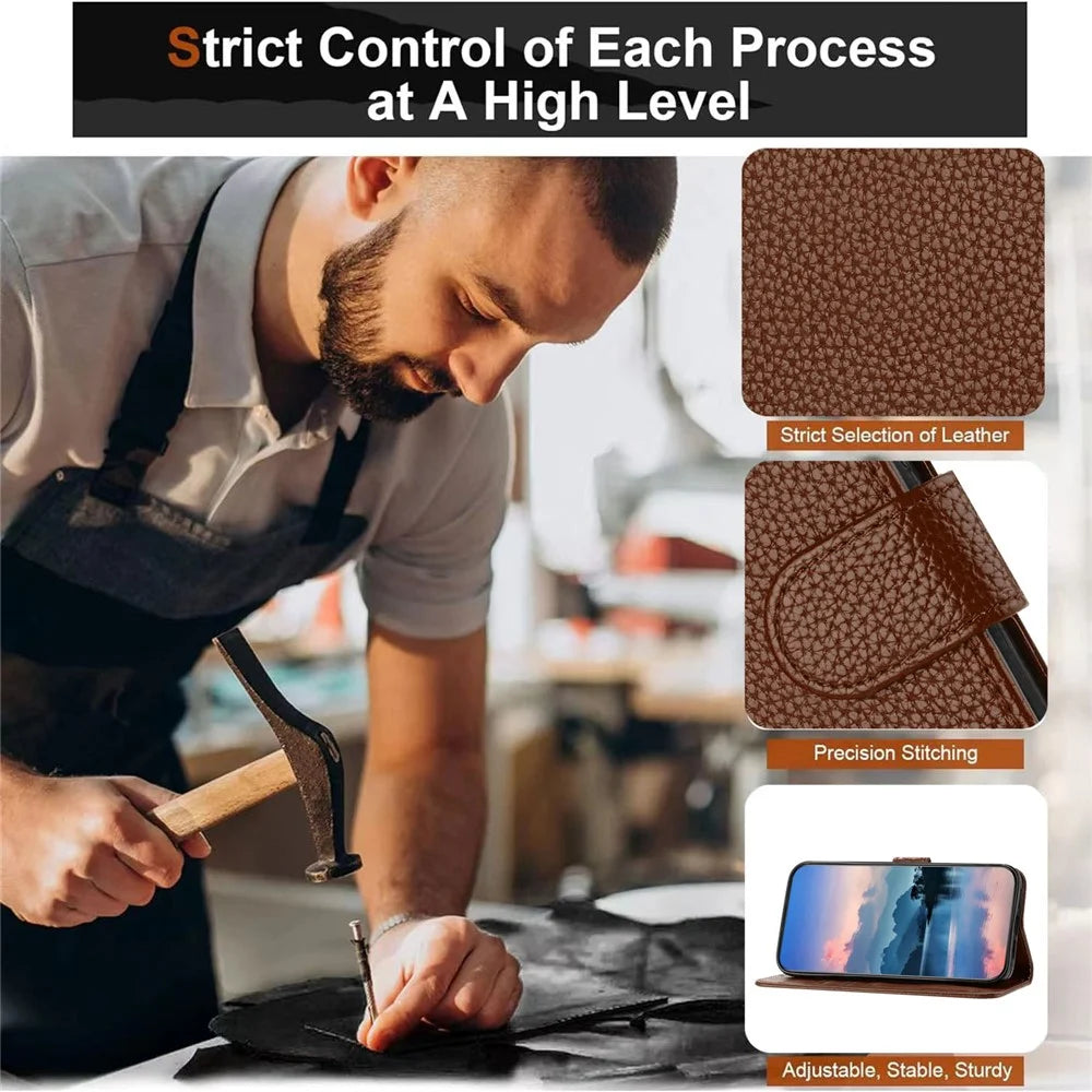For iPhone 15 Pro Leather Case Litchi Texture Wallet Stand Anti Drop Phone Cover with Wrist Strap - Brown - 3