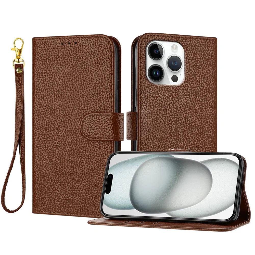 For iPhone 16 Pro Max Leather Case Litchi Texture Wallet Stand Anti Drop Phone Cover with Wrist Strap - Brown - 1