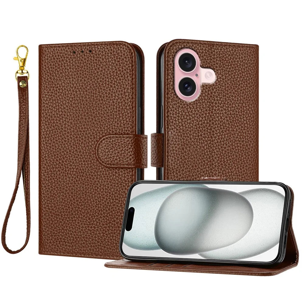 For iPhone 16 Leather Case Litchi Texture Wallet Stand Anti Drop Phone Cover with Wrist Strap - Brown - 1
