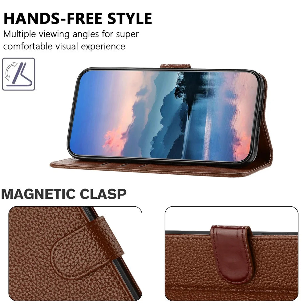 For iPhone 16 Leather Case Litchi Texture Wallet Stand Anti Drop Phone Cover with Wrist Strap - Brown - 5