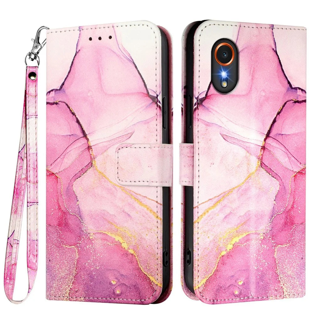 For Samsung Galaxy Xcover7 Case with Strap Marble Pattern Leather Phone Cover Card Holder - Pink / Purple / Gold LS001 - 1