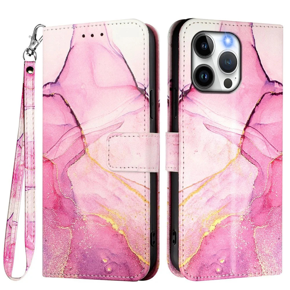 For iPhone 17e / 16e Case with Strap Marble Pattern Leather Phone Cover Card Holder - Pink / Purple / Gold LS001 - 1