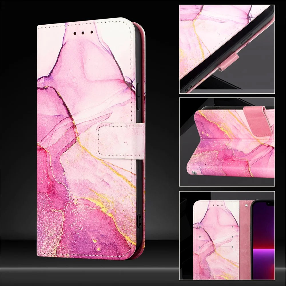 For iPhone 17e / 16e Case with Strap Marble Pattern Leather Phone Cover Card Holder - Pink / Purple / Gold LS001 - 5