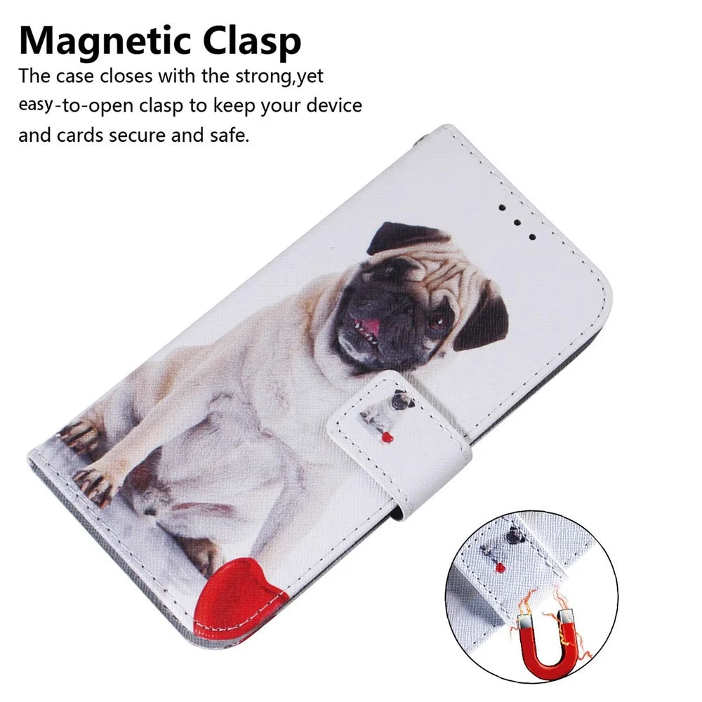 For Samsung Galaxy A14 5G / A14 4G Magnetic Closure PU Leather Pattern Printing Flip Cover Wallet Stand Folio Phone Case Shell - Pug - 4