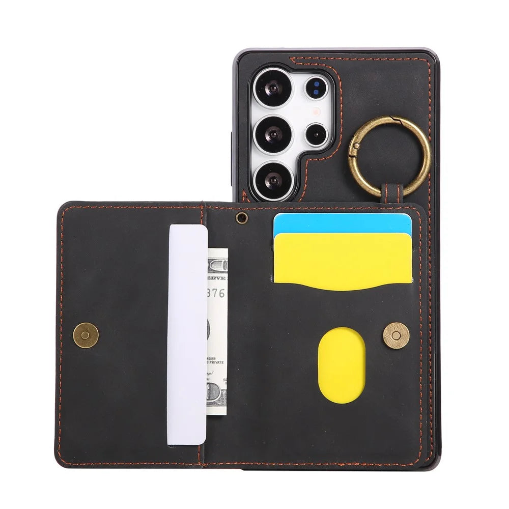 For Samsung Galaxy S25 Ultra Case Card Holder Kickstand Leather + TPU Phone Cover with Ring Holder - Black - 3