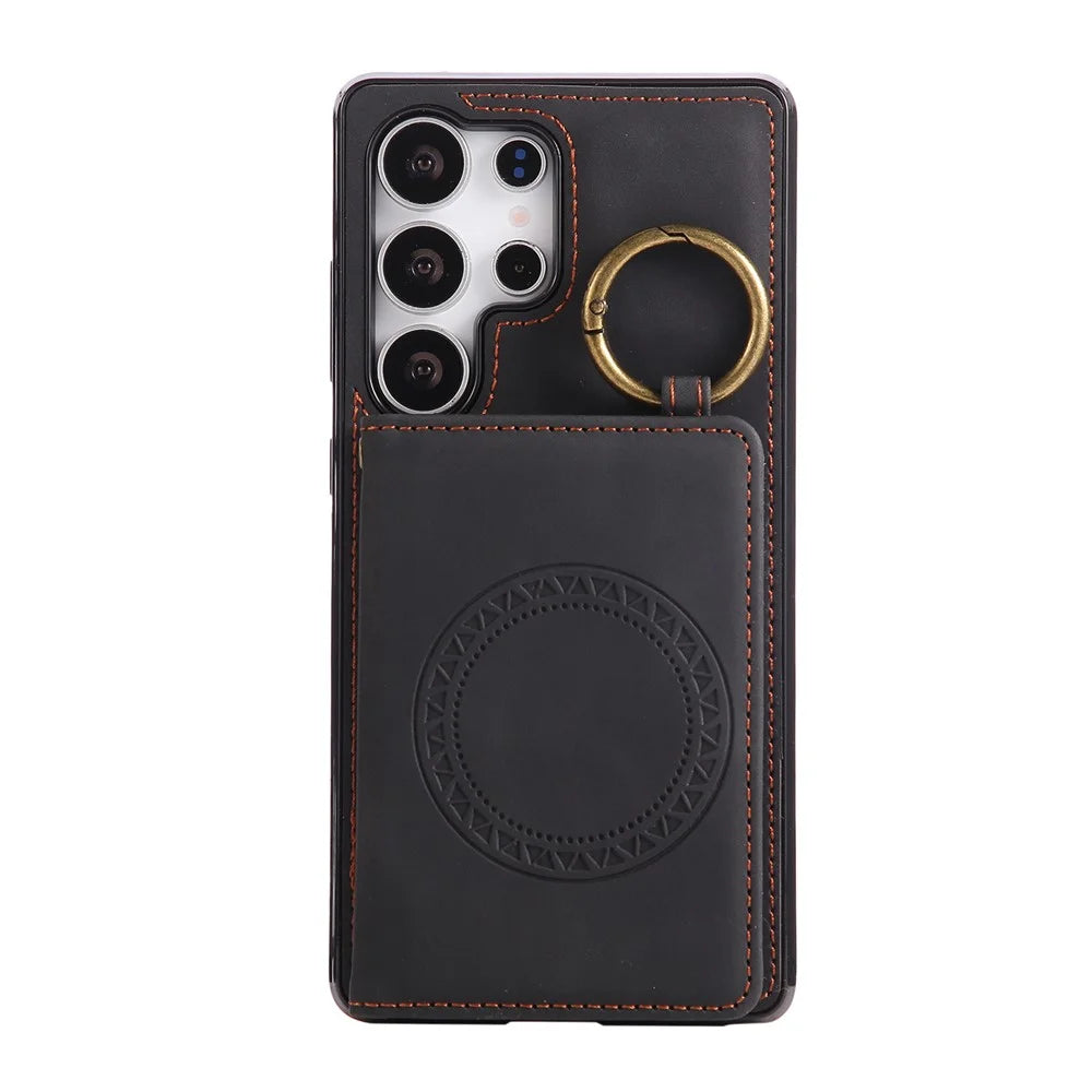 For Samsung Galaxy S25 Ultra Case Card Holder Kickstand Leather + TPU Phone Cover with Ring Holder - Black - 7