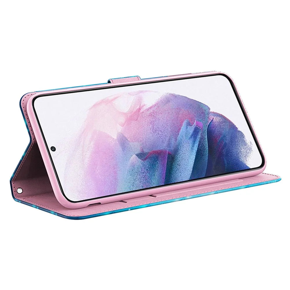 For Samsung Galaxy A14 5G / A14 4G PU Leather Shockproof Case 3D Pattern Printed Phone Stand Wallet Cover with Strap - Blue Butterflies - 3