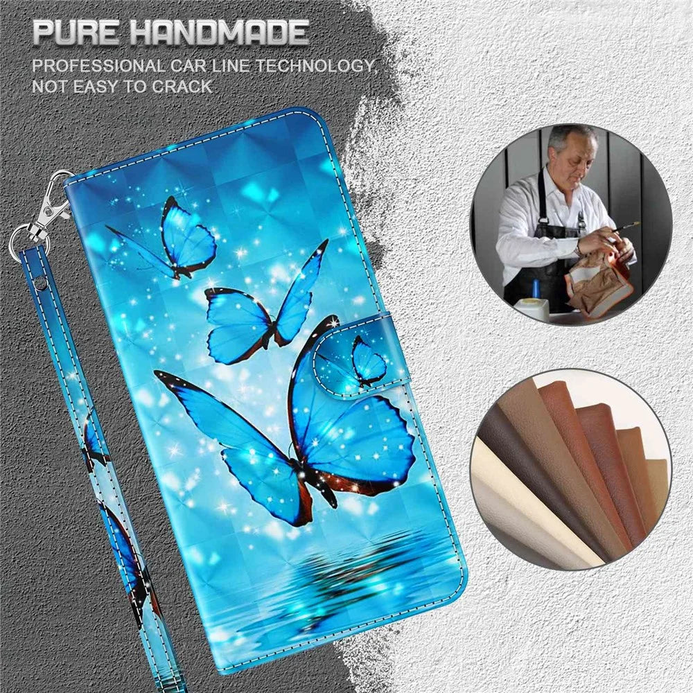 For Samsung Galaxy A14 5G / A14 4G PU Leather Shockproof Case 3D Pattern Printed Phone Stand Wallet Cover with Strap - Blue Butterflies - 5