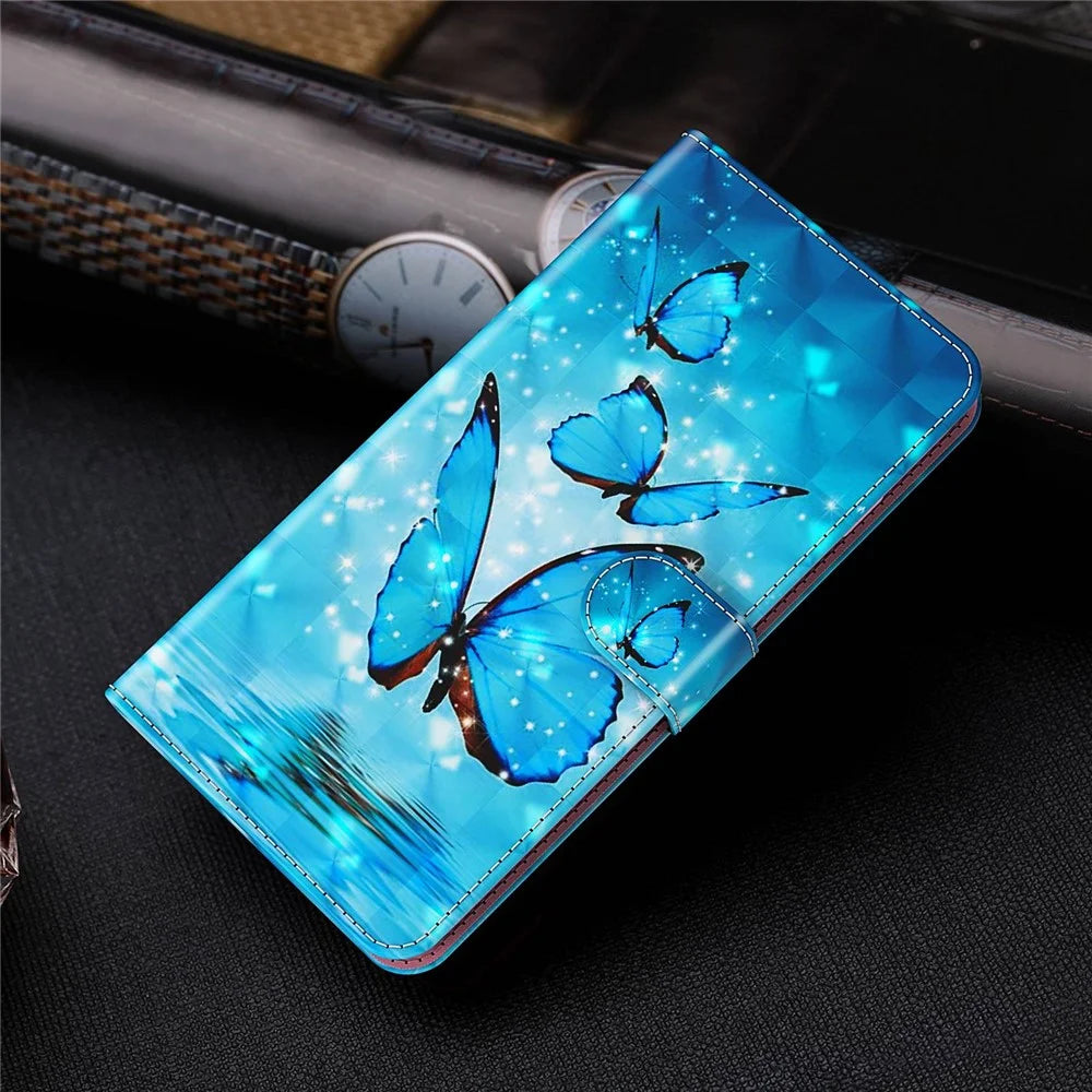 For Samsung Galaxy A14 5G / A14 4G PU Leather Shockproof Case 3D Pattern Printed Phone Stand Wallet Cover with Strap - Blue Butterflies - 7