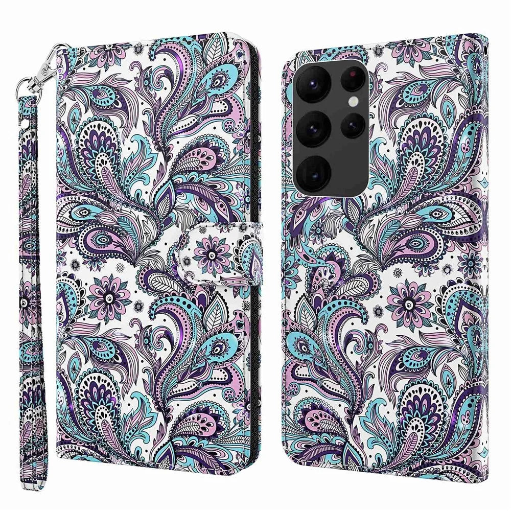 For Samsung Galaxy S23 Ultra PU Leather Full Protection Stand Case 3D Pattern Printed Phone Wallet Cover with Strap - Purple Impatiens - 1