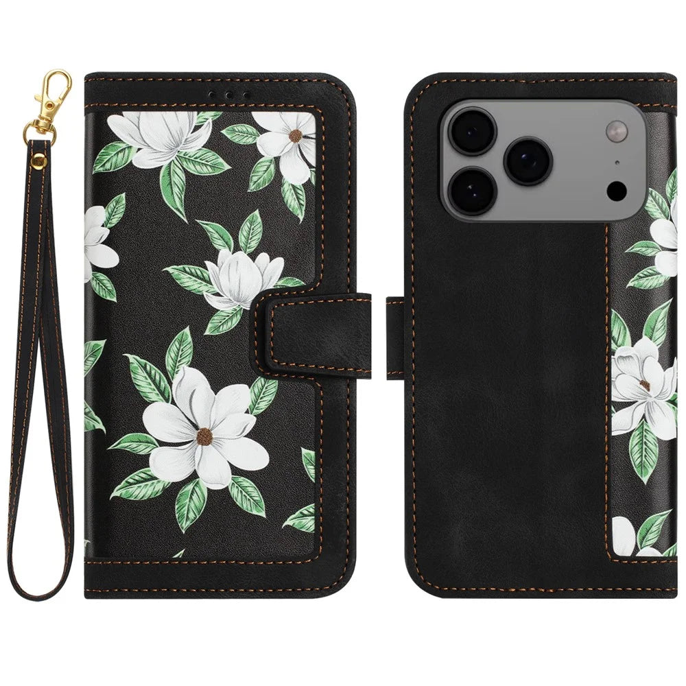 For iPhone 17 Pro Max Case PU Leather Floral Phone Cover with Card Slots / Wrist Strap - Black - 1