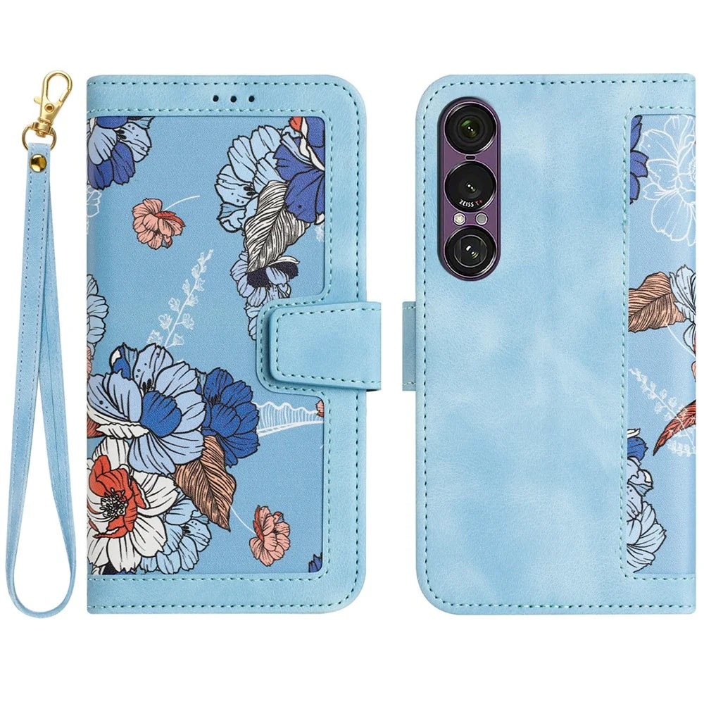 For Sony Xperia 1 VII Case PU Leather Floral Phone Cover with Card Slots / Wrist Strap - Baby Blue - 1