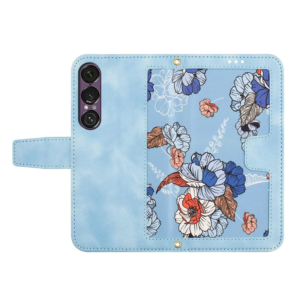 For Sony Xperia 1 VII Case PU Leather Floral Phone Cover with Card Slots / Wrist Strap - Baby Blue - 2