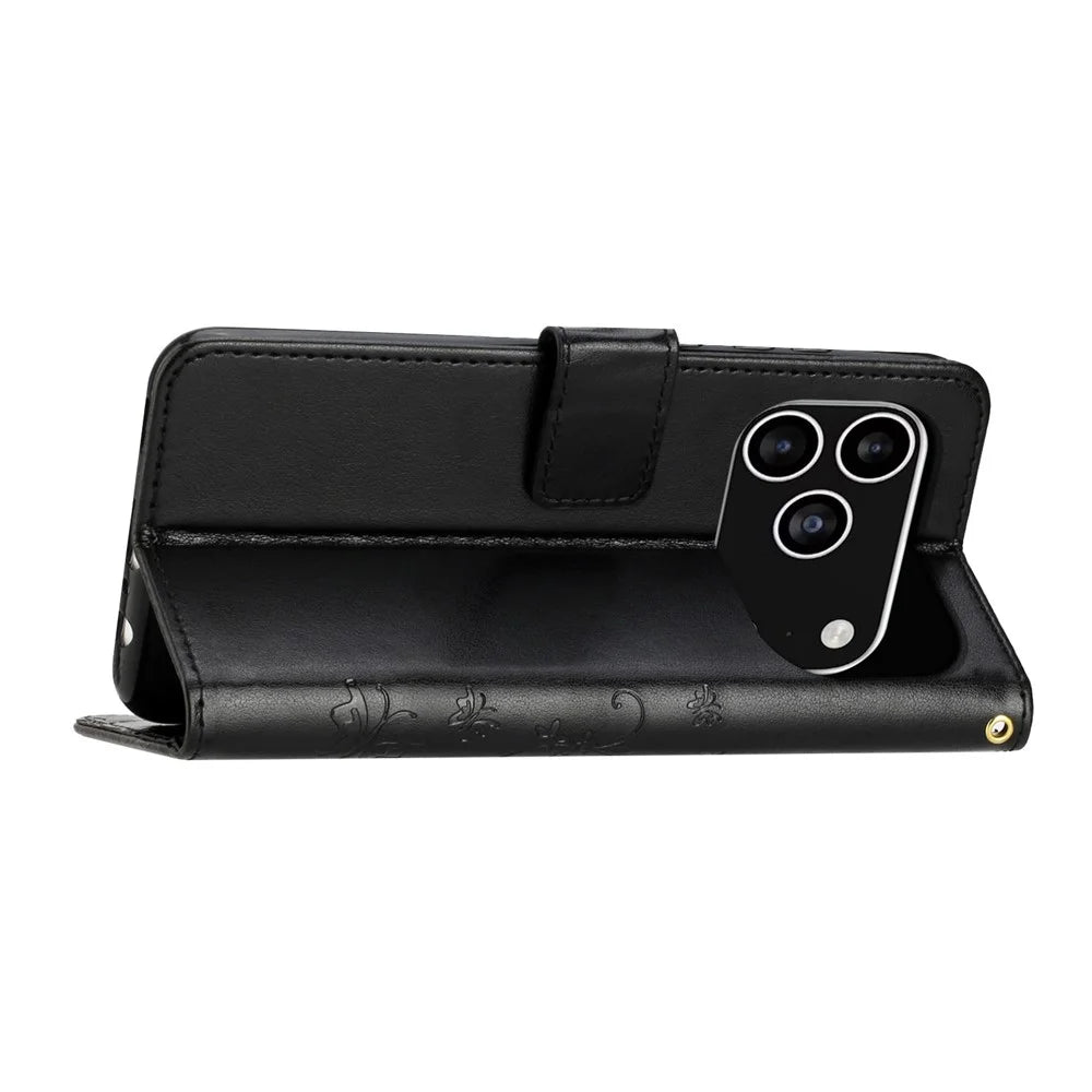 For iPhone 17 Pro Leather Wallet Case Butterfly Flower Imprinted Phone Cover with Strap - Black - 3