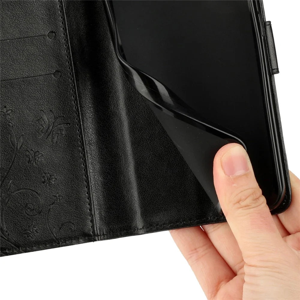 For iPhone 17 Pro Leather Wallet Case Butterfly Flower Imprinted Phone Cover with Strap - Black - 5