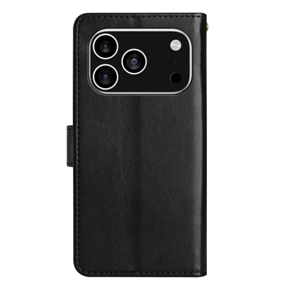For iPhone 17 Pro Leather Wallet Case Butterfly Flower Imprinted Phone Cover with Strap - Black - 7