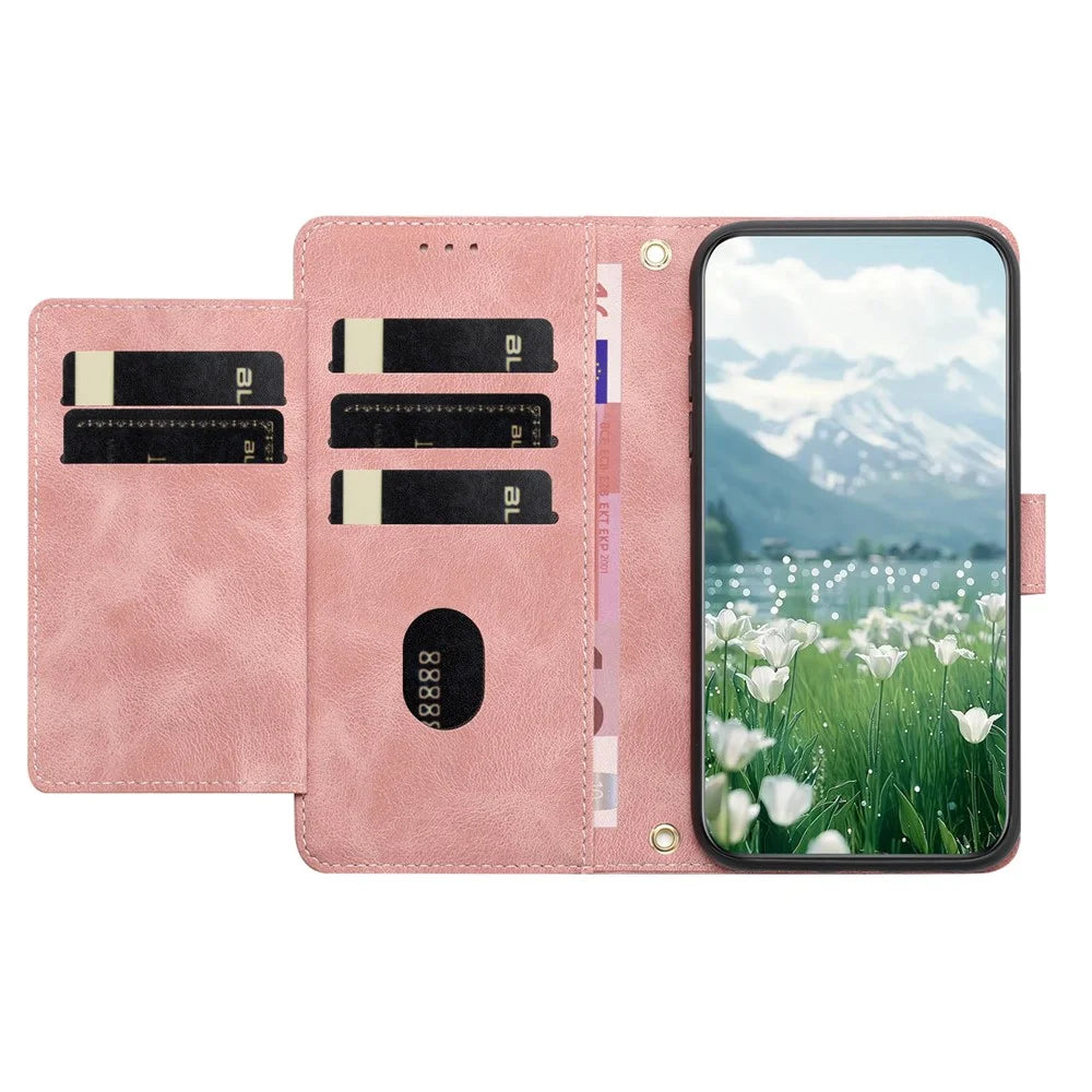 For iPhone 17 Pro Max Case Tulip Leather Phone Cover with 5 Card Slots Wallet - Pink - 2