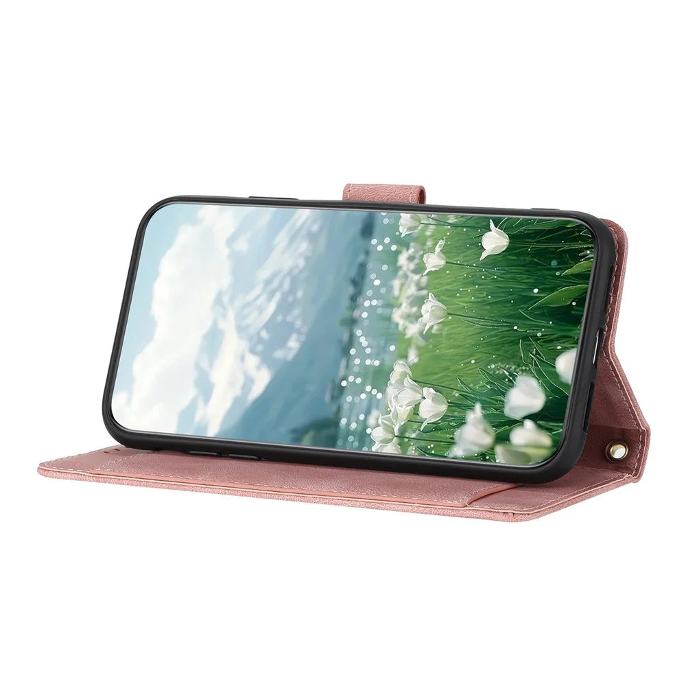 For iPhone 17 Pro Max Case Tulip Leather Phone Cover with 5 Card Slots Wallet - Pink - 4