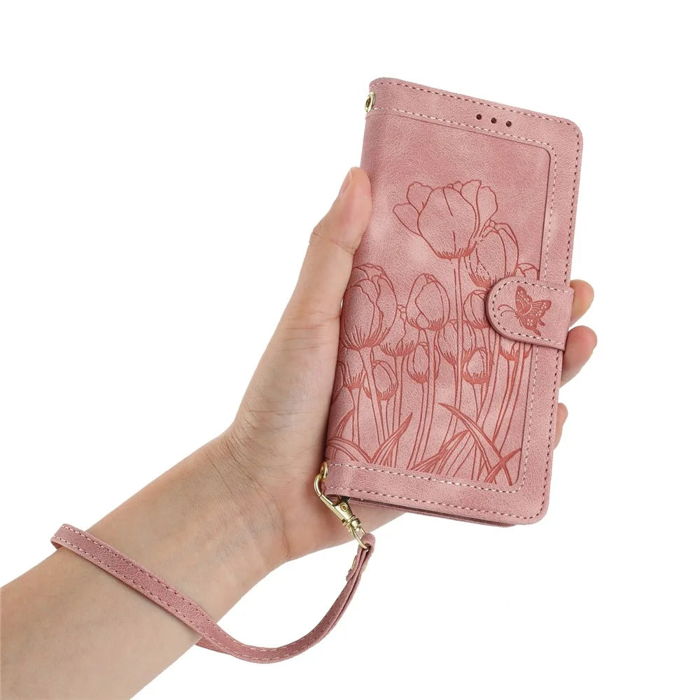 For iPhone 17 Pro Max Case Tulip Leather Phone Cover with 5 Card Slots Wallet - Pink - 5