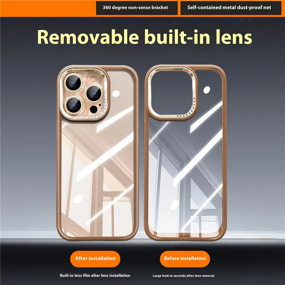 For iPhone 16 Pro Case PC + TPU Clear Phone Cover with Glitter Camera Lens Film - Titanium Gold - 2