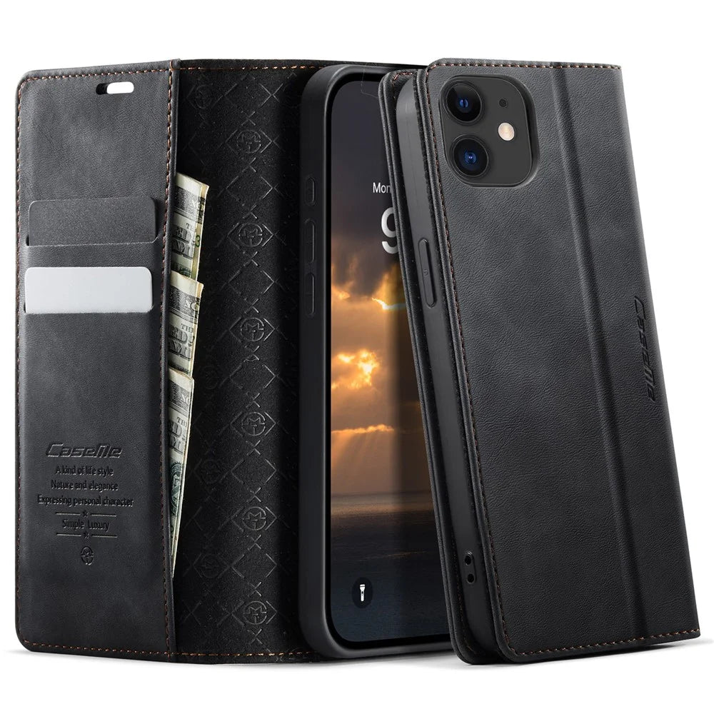 CASEME For iPhone 12 mini 5.4 inch Case  033 Series RFID Blocking Wallet Stand Calf Texture Leather Phone Cover - Black - 1