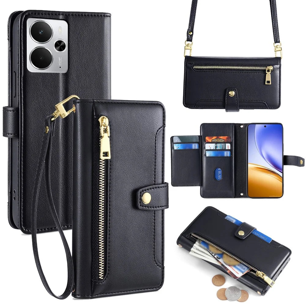 For Realme 14 5G Leather Case Zipper Pocket Wallet Phone Cover with 2 Straps - Black - 1